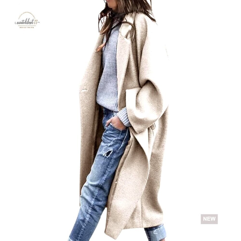 Oversized Wool Blend Pea Coat Notch Lapel Long Overcoat Women's Winter